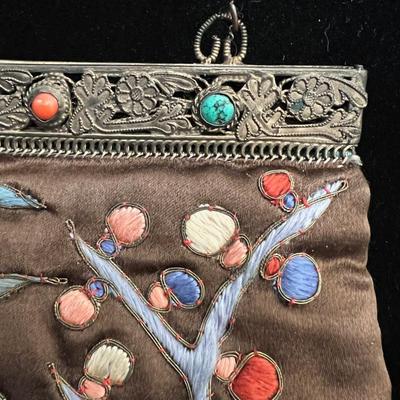 Antique Chinese Embroidered Silk Purse with Jewel Studded Clasp - Pristine!