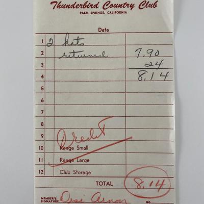 Desi Arnaz signed Thunderbird Country Club receipt