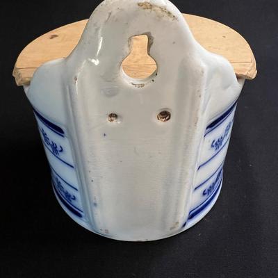 Antique Blue Onion Porcelain Salt Box Hinged Wood Lid