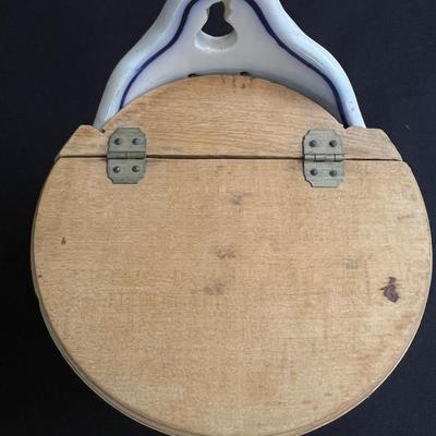 Antique Blue Onion Porcelain Salt Box Hinged Wood Lid