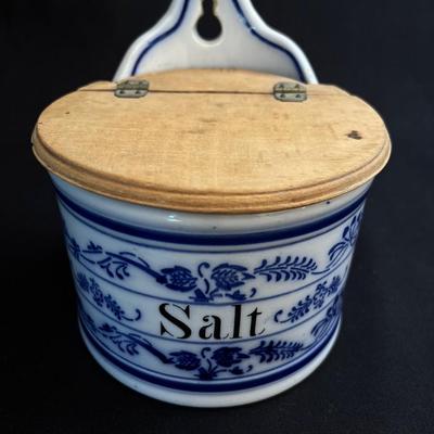 Antique Blue Onion Porcelain Salt Box Hinged Wood Lid