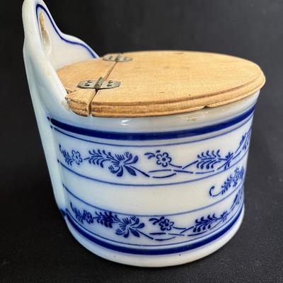 Antique Blue Onion Porcelain Salt Box Hinged Wood Lid