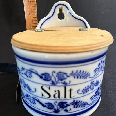 Antique Blue Onion Porcelain Salt Box Hinged Wood Lid