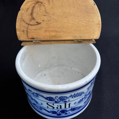 Antique Blue Onion Porcelain Salt Box Hinged Wood Lid