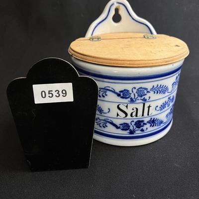 Antique Blue Onion Porcelain Salt Box Hinged Wood Lid