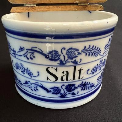 Antique Blue Onion Porcelain Salt Box Hinged Wood Lid