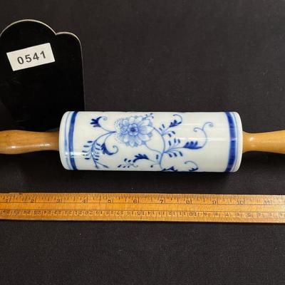 Antique Clasic Blue Onion Rolling Pin Meissen Style Porcelain