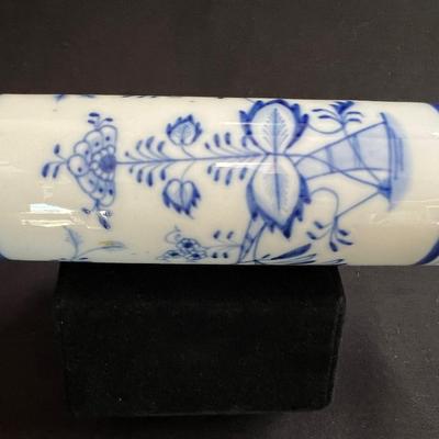 Antique Clasic Blue Onion Rolling Pin Meissen Style Porcelain