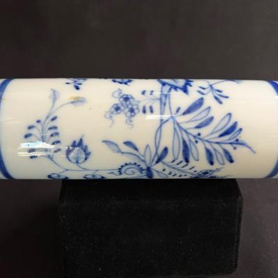 Antique Clasic Blue Onion Rolling Pin Meissen Style Porcelain