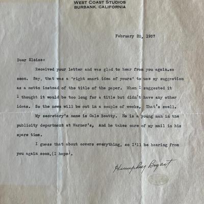 Warner Brothers Humphrey Bogart signed letter 