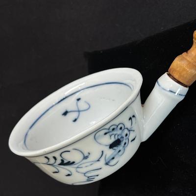 Antique Blue Onion Ladle with Wooden Handle