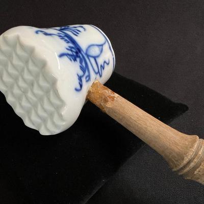 Antique Blue Onion Porcelain Tenderizer Wood Handle
