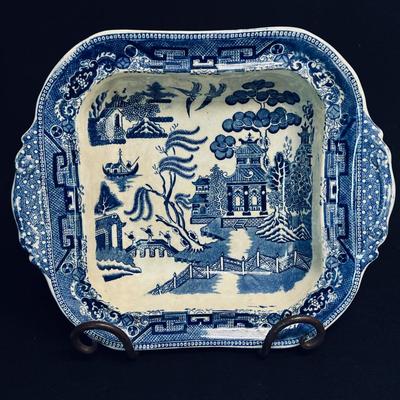 Antique English Blue Willow Unusual Square Serving Dish