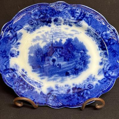 Lovely Antique Flo Blue Platter Plate Deep Blue Village Country Scene