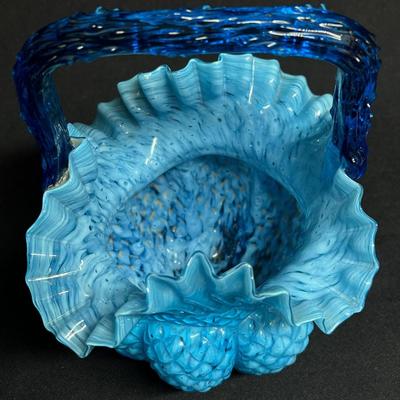 Antique Glass Basket Frilled Edge Fluted Puff Applied Thorn Handle