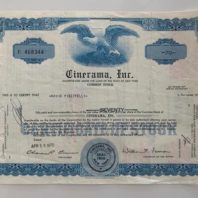 Cinerama Inc unsigned stock certificate