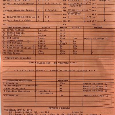 The Love Boat unsigned call sheet