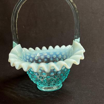 Antique Fenton Opalescent Frilled Edge Hobnail Glass Basket