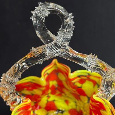 Stunning Art Glass Orange Yellow Spatter Basket Thorn Handle