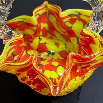 Stunning Art Glass Orange Yellow Spatter Basket Thorn Handle