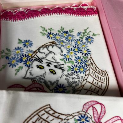OH DANG! Cat in a Basket NEW Embroidered VINTAGE Pillowcases!!!