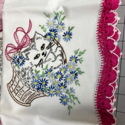 OH DANG! Cat in a Basket NEW Embroidered VINTAGE Pillowcases!!!