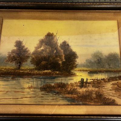 ER Stillmark Antique Watercolor of Pond Framed