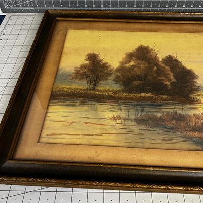 ER Stillmark Antique Watercolor of Pond Framed