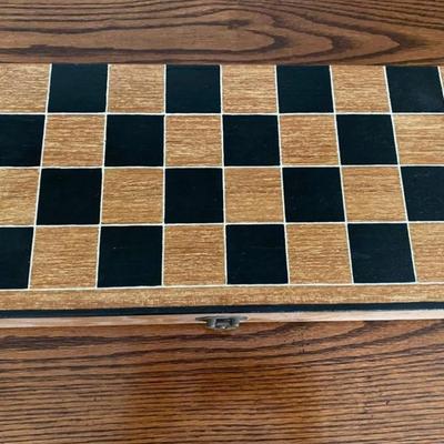 Hand carved wood box and chess pieces