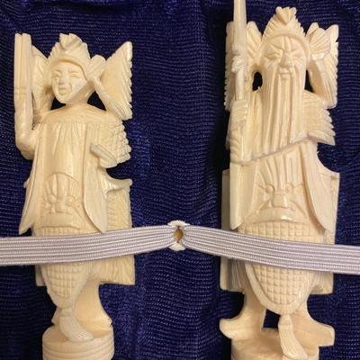 Hand carved wood box and chess pieces