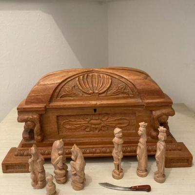 Hand carved wood box and chess pieces