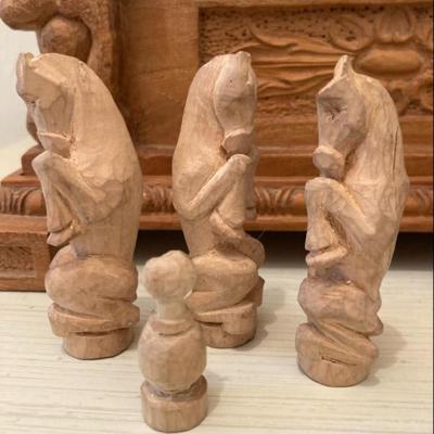 Hand carved wood box and chess pieces