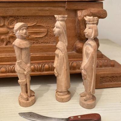 Hand carved wood box and chess pieces