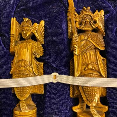 Hand carved wood box and chess pieces
