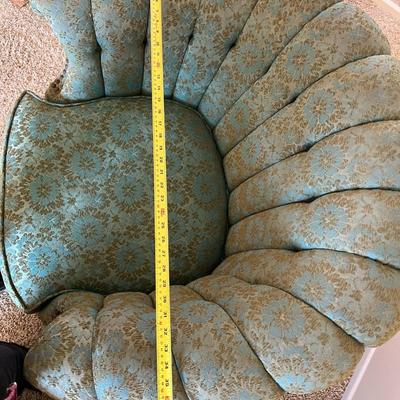 Vintage Scalloped Back Hollywood Retro Style Green & Blue Floral Upholstered Couch & Chair Set