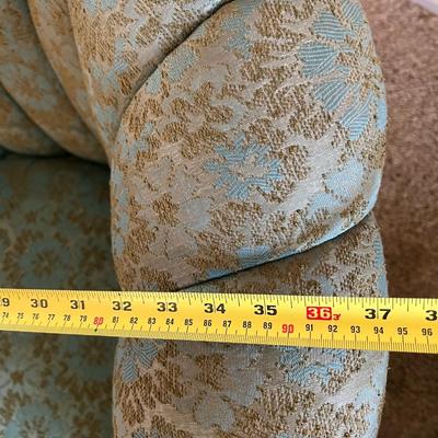 Vintage Scalloped Back Hollywood Retro Style Green & Blue Floral Upholstered Couch & Chair Set