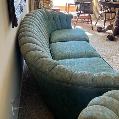 Vintage Scalloped Back Hollywood Retro Style Green & Blue Floral Upholstered Couch & Chair Set
