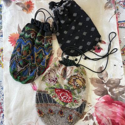 LOT 12  GROUP OF 3 ANTIQUE BEADED CROCHET DRAWSTRING BEADED BAGS