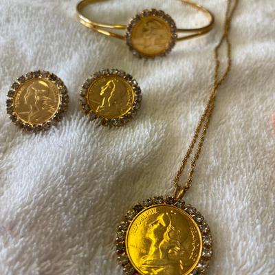 French Coin Set Gold Plated w/ Rhinestones