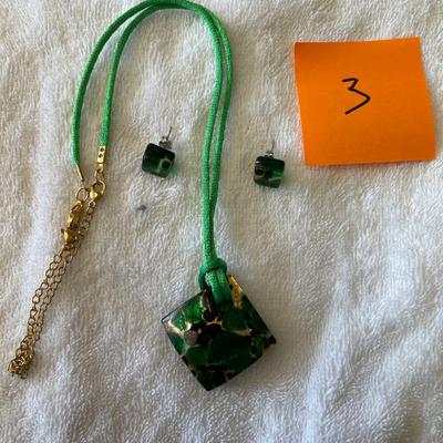 Green Murano Glass style Pendant on Silk strand with earrings