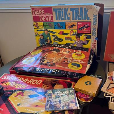 Vintage board games and sport equipment