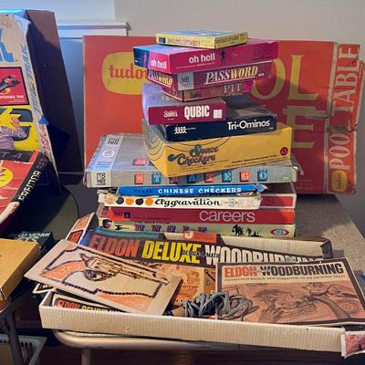 Vintage board games and sport equipment