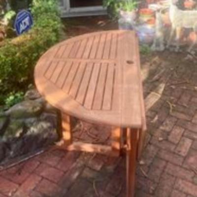 Wood patio dining set with umbrella