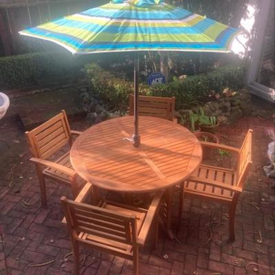 Wood patio dining set with umbrella