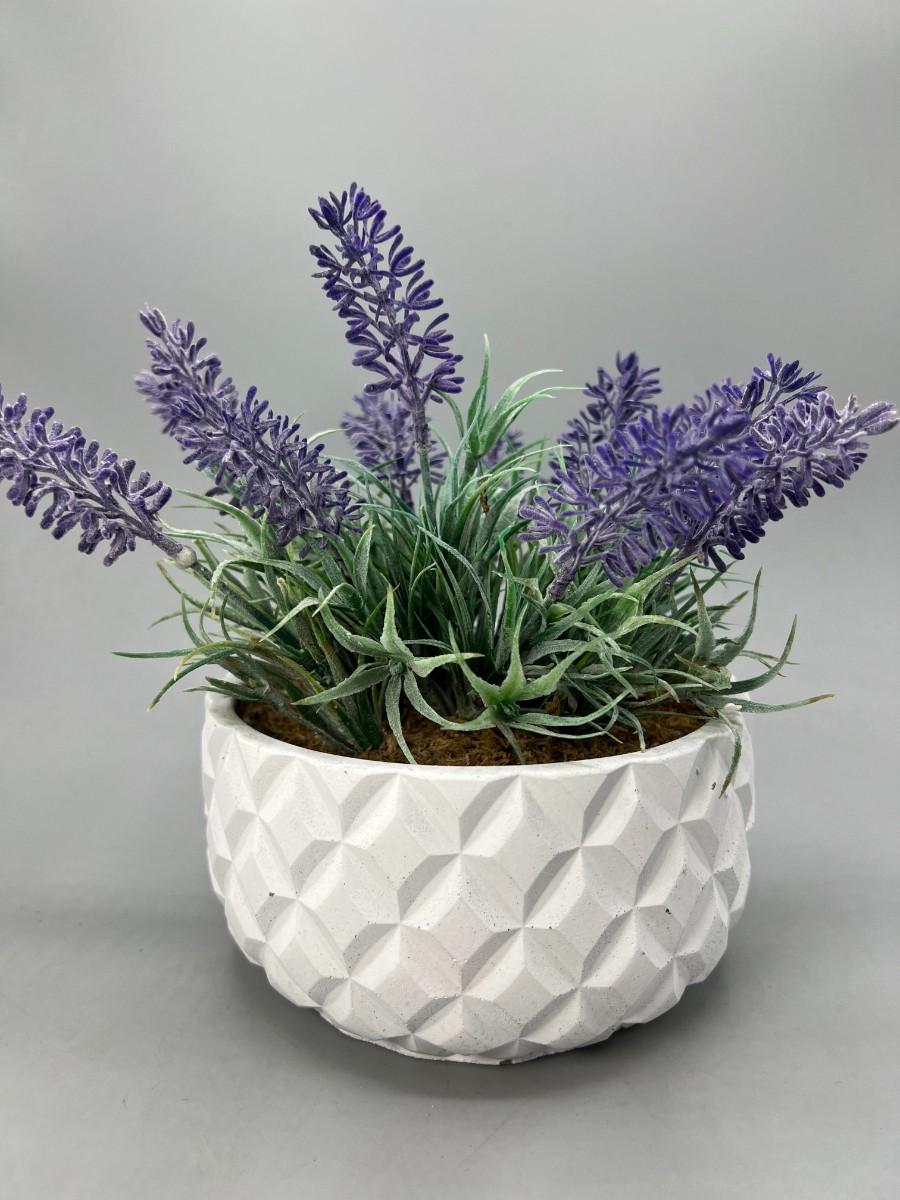 Small Artificial Faux Lavendar Plant in Geometric White Planter Pot