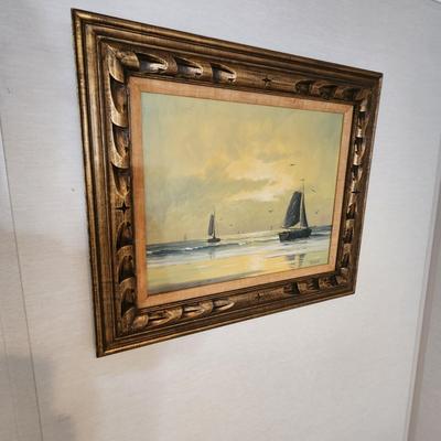 Antique Oil on Canvas R. Schmidt Marine Ocean Sail Boats 27x23