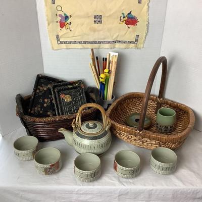 786 Vintage Asian Tea Set with Trays, Baskets, Chopsticks and more