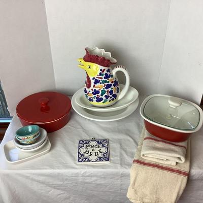 765 Lot of Red and White Serving Dishes and Italian Rooster Pitcher