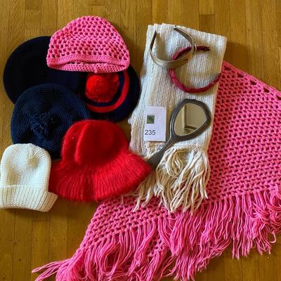 Sterling hand mirror, chrochet shawls, hats, and headbands and sterling handheld mirror
