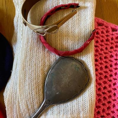 Sterling hand mirror, chrochet shawls, hats, and headbands and sterling handheld mirror